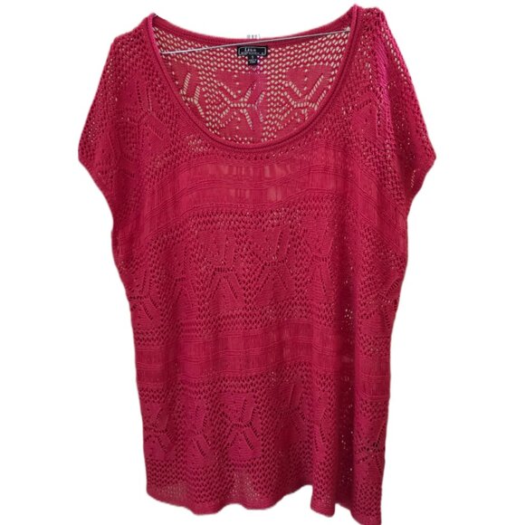 Lisa International Dark Pink Short Sleeve Crochet See Through Light Sweater - Picture 1 of 4